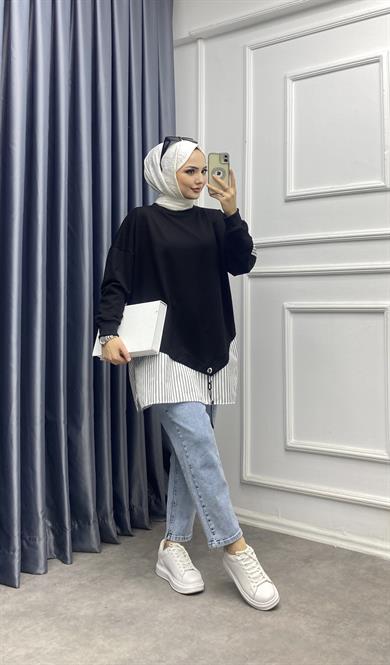 Eteği Çizgili Sweat Siyah