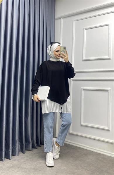 Eteği Çizgili Sweat Siyah