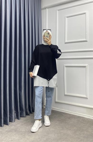Eteği Çizgili Sweat Siyah