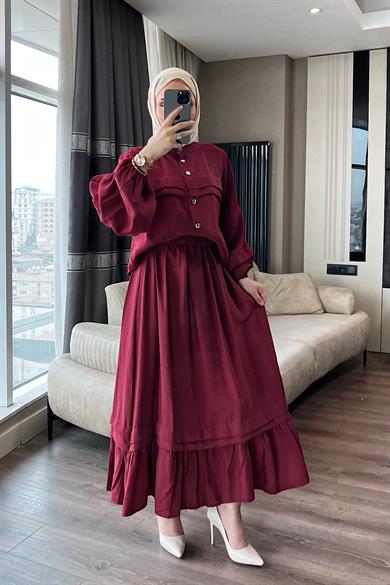Eteği Fırfırlı İkili Takım Bordo