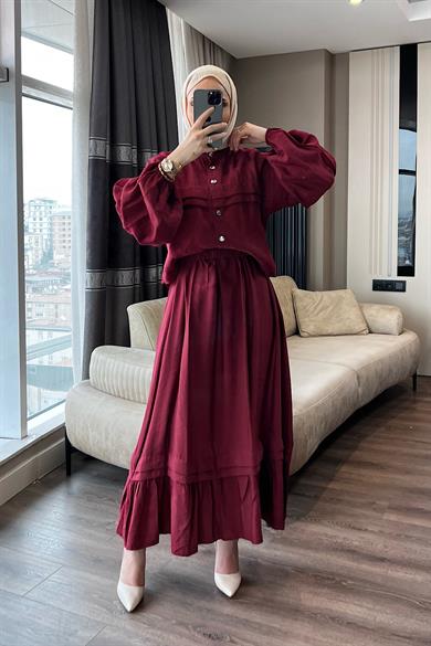 Eteği Fırfırlı İkili Takım Bordo