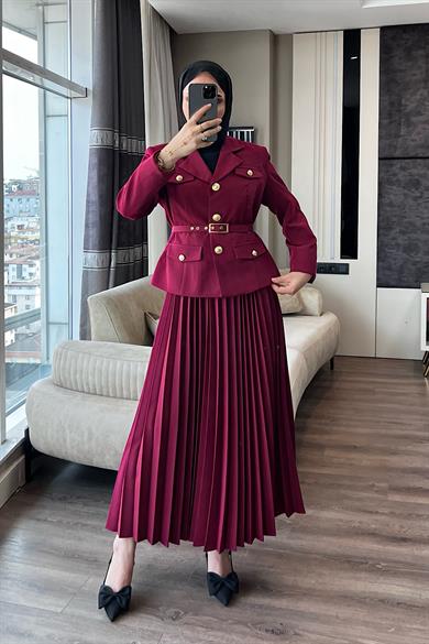 Eteği Pileli İkili Takım Bordo 