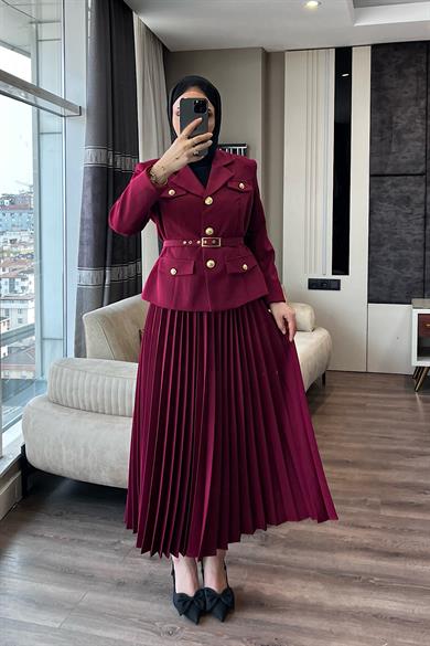 Eteği Pileli İkili Takım Bordo 