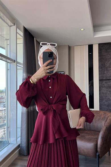 Eteği Pileli Önü Bağlamalı Takım Bordo