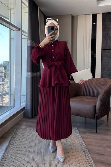 Eteği Pileli Önü Bağlamalı Takım Bordo