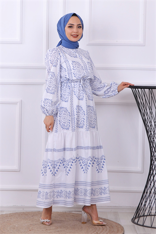 Etnik Desen Elbise Lacivert