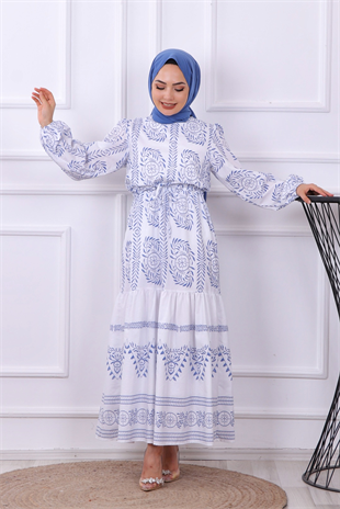 Etnik Desen Elbise Lacivert