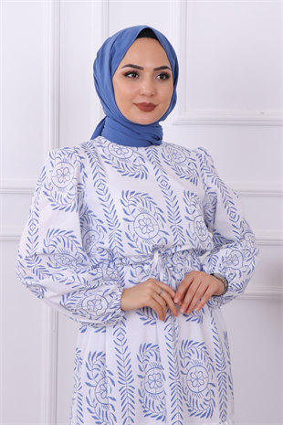 Etnik Desen Elbise Lacivert