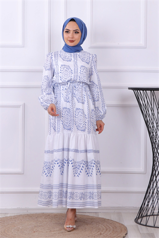 Etnik Desen Elbise Lacivert