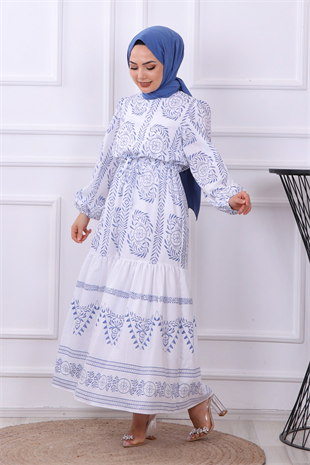 Etnik Desen Elbise Lacivert