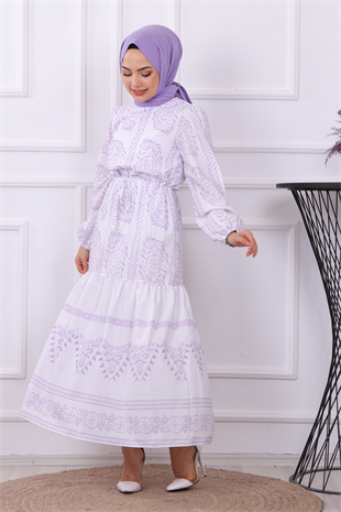 Etnik Desen Elbise Lila