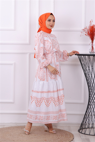 Etnik Desen Elbise Turuncu