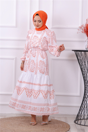 Etnik Desen Elbise Turuncu