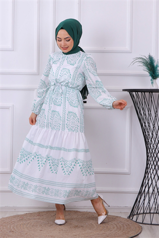 Etnik Desen Elbise Yeşil