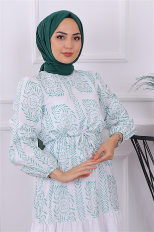 Etnik Desen Elbise Yeşil