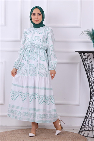 Etnik Desen Elbise Yeşil