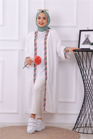 Etnik Desen Kimono Beyaz
