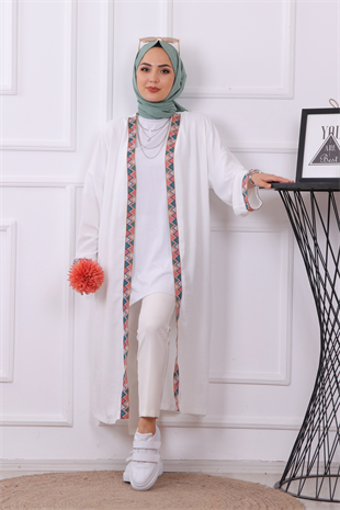 Etnik Desen Kimono Beyaz