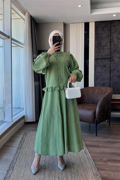 Omuzları Fırfırlı Begonya Etekli Takım Yeşil
