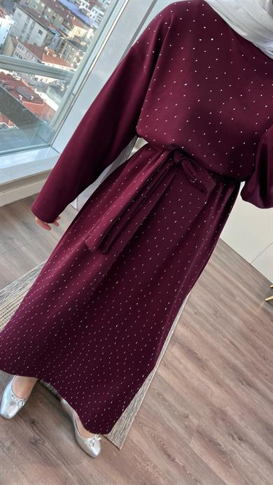 Taşlı Modal Elbise Bordo