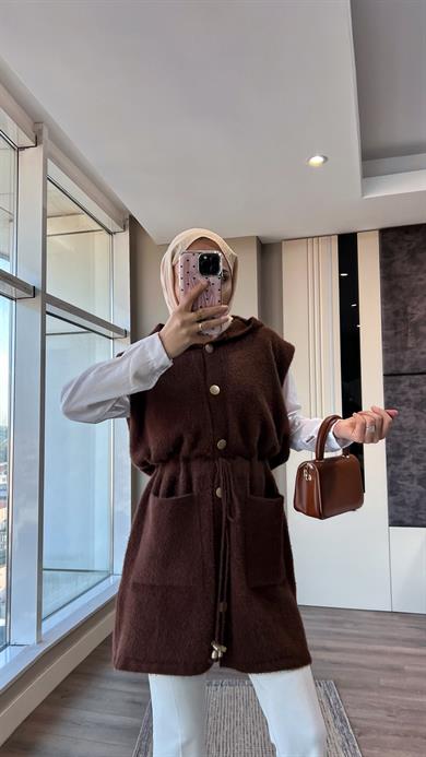 Kapüşonlu Yumoş Yelek Kahverengi