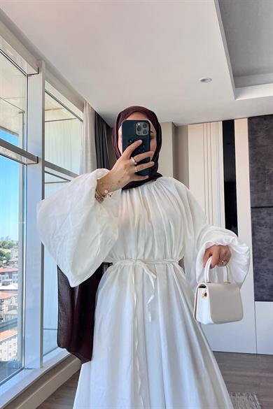 Balon Kol Elbise Beyaz 