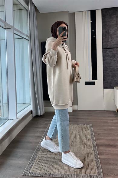 Yakası Çıtçıt Detaylı Sweat Bej