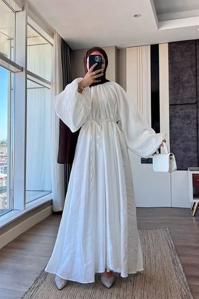 Balon Kol Elbise Beyaz 