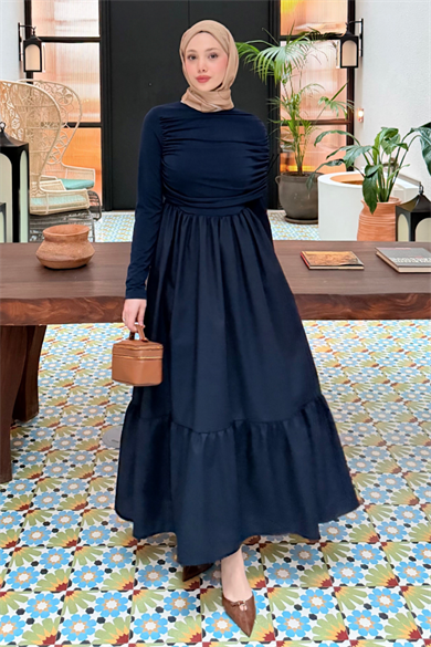 Büzgülü Sandy Poplin Elbise Lacivert