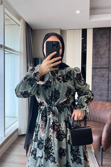 Çiçek Desenli Elbise Yeşil