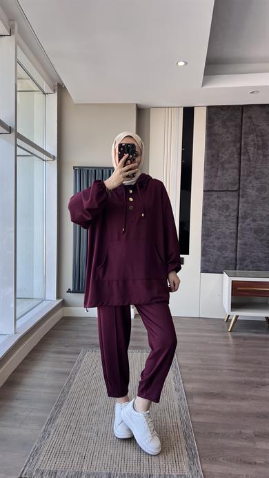 Kapüşonlu Modal Takım Bordo