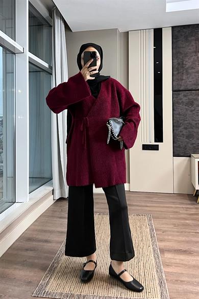 İçten Bağlama Detaylı Yumoş Hırka Bordo