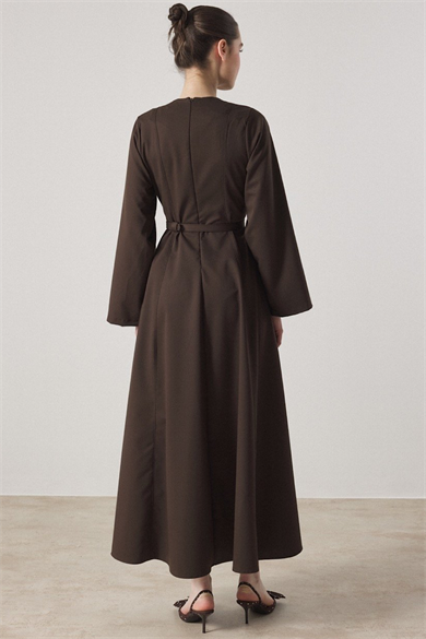 Belden oturtmalı kemerli Elbise Kahverengi 