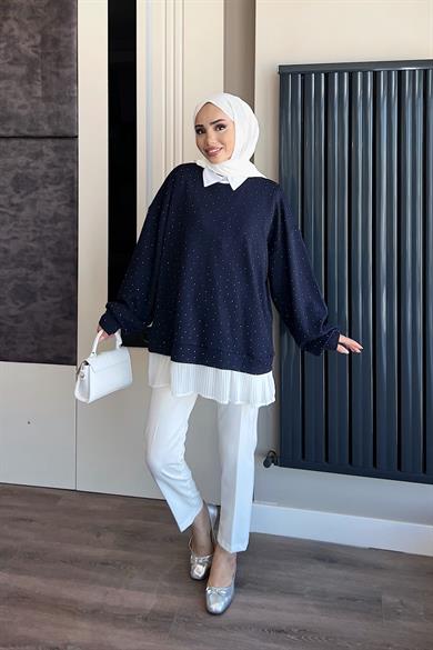 Kendinden Pileli Taşlı Sweat  Lacivert