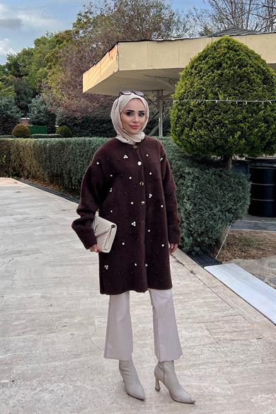 Angora İnci Taşlı Hırka Kahverengi