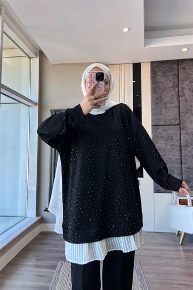 Altı Pileli Üzeri taşlı Takım Siyah