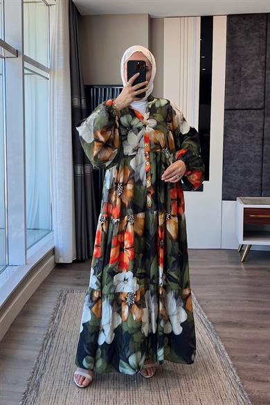 Çiçek Desenli Yarım Patlı Elbise Yeşil