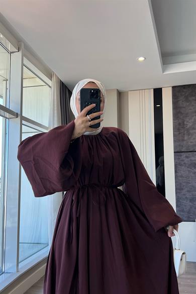 Balon Kol Elbise Bordo