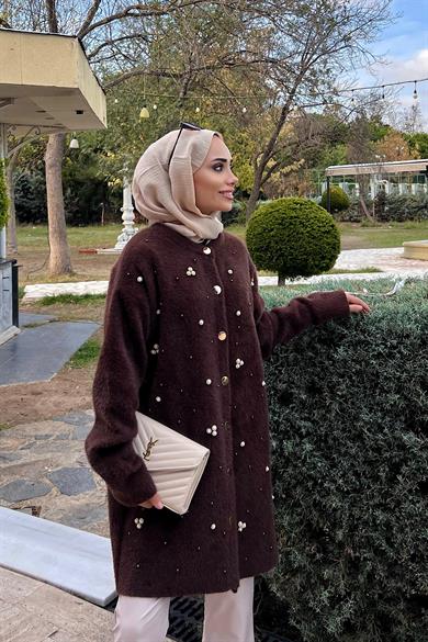 Angora İnci Taşlı Hırka Kahverengi