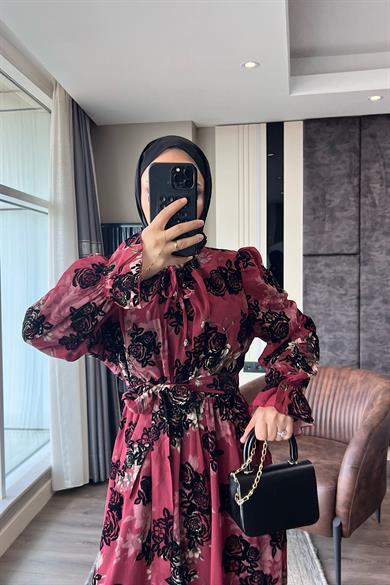 Çiçek Desenli Elbise Bordo