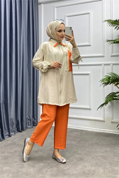 Fermuar Aksesuarlı Takım Krem-Turuncu
