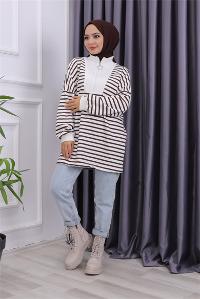 Fermuar Detaylı Çizgili Sweat Kahve