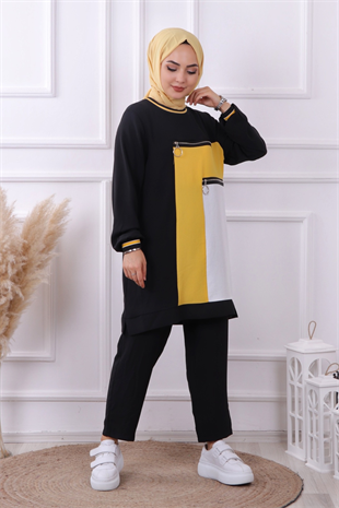 Fermuar Detaylı Takım Siyah-Sarı