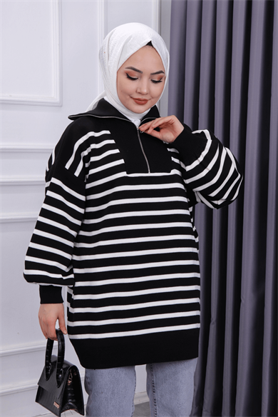 Fermuar Yaka Tunik Siyah-Beyaz