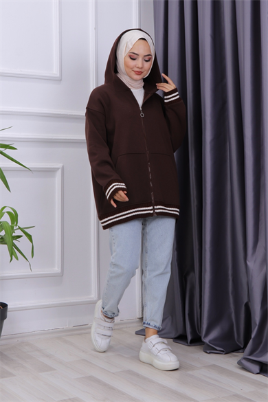 Fermuarlı Üç İplik Hırka  Acı Kahve