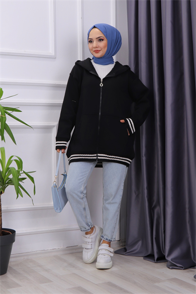Fermuarlı Üç İplik Hırka  Siyah