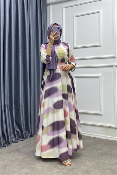 Fırça Desen Elbise Mor