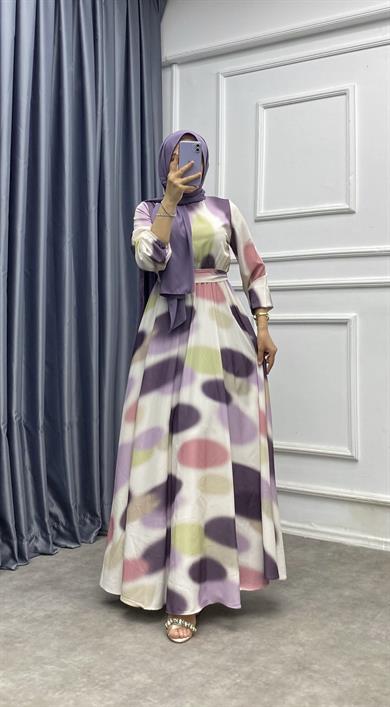 Fırça Desen Elbise Mor