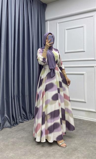 Fırça Desen Elbise Mor