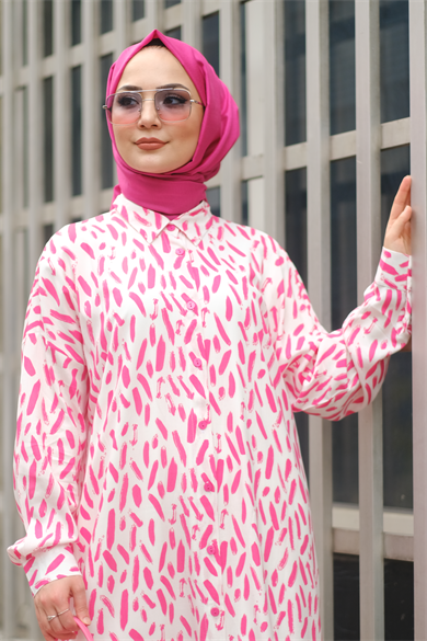Fırça Desen Tunik Pembe